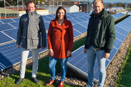 Zwei Männer und eine Frau stehen auf einem begrünten Dach mit Photovoltaik